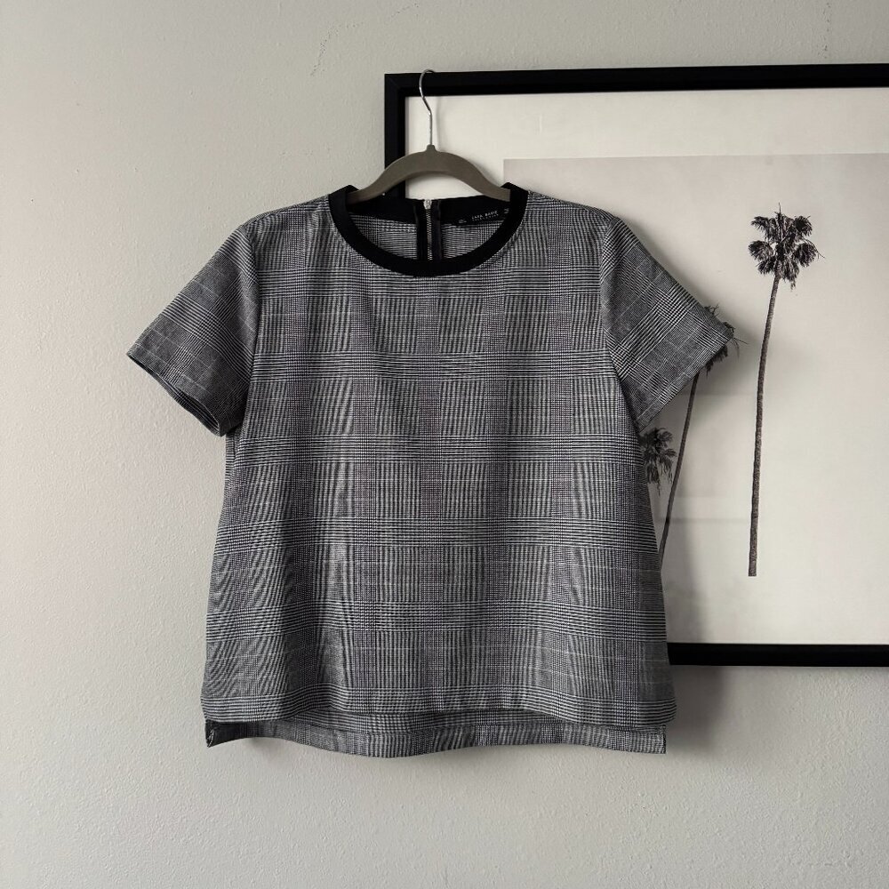 Zara | EUC Plaid Houndstooth Short Sleeve T-Shirt Blouse in Gray/Black Large - Picture 5 of 10